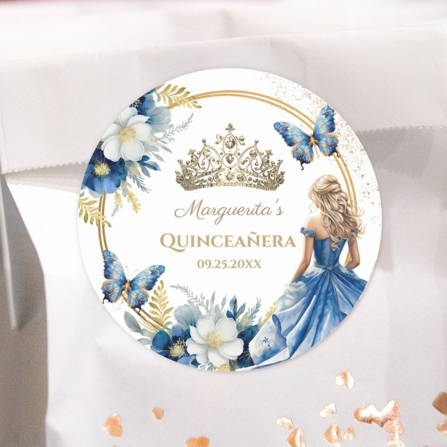 Quinceañera Girl Blue Floral Gold Tiara Butterfly Classic Round Sticker (Creator Uploaded)