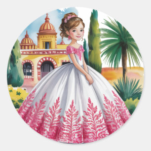 Quinceañera Girl in Pink and White Gown Classic Round Sticker