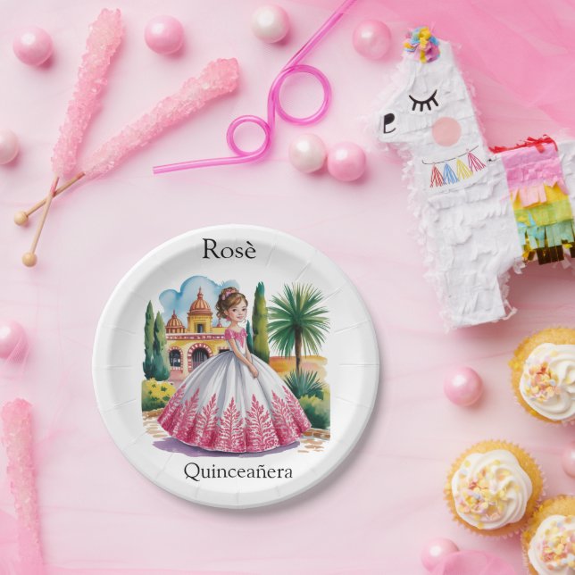 Quinceañera Girl in Pink and White Gown  Paper Plate (Party)