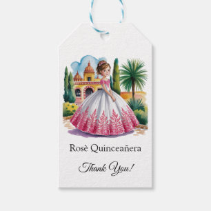 Quinceañera Girl in Pink and White Gown Thank You Gift Tags