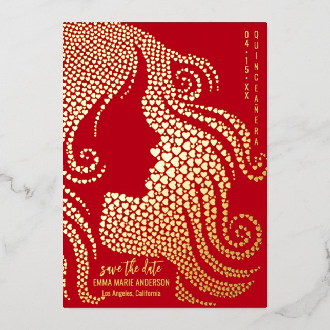 Quinceañera Girl Silhouette Gold Hearts Red Real Foil Holiday Card (Front)