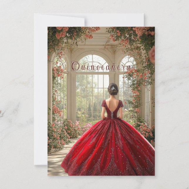 Quinceanera Girl Wearing Red Gown in Atrium Invitation (Front)