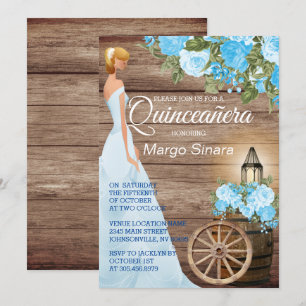 Quinceañera Girl - Wood Barrel & Blue Flowers Invitation