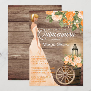 Quinceañera Girl - Wood Barrel & Orange Flowers Invitation