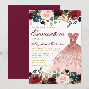 Quinceanera Glitter Dress Burgundy Floral Gold Invitation