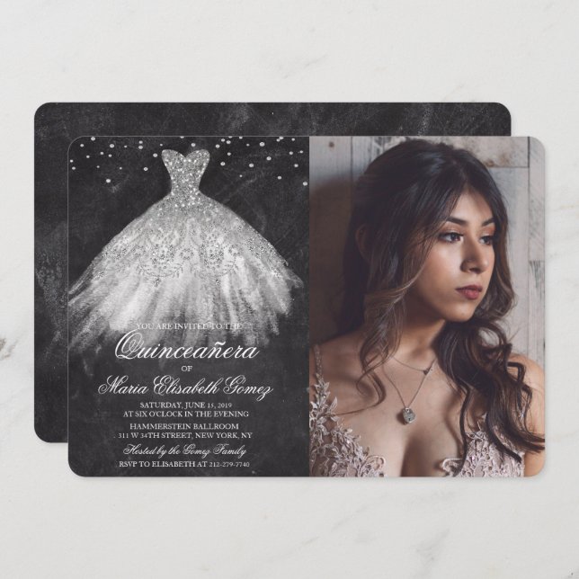 Quinceanera Glitter Dress Diamond Chalk Invitation (Front/Back)
