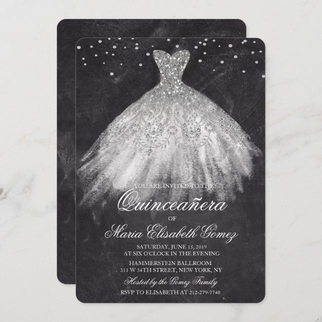 Quinceanera Glitter Dress Diamond Chalk Invitation (Front/Back)