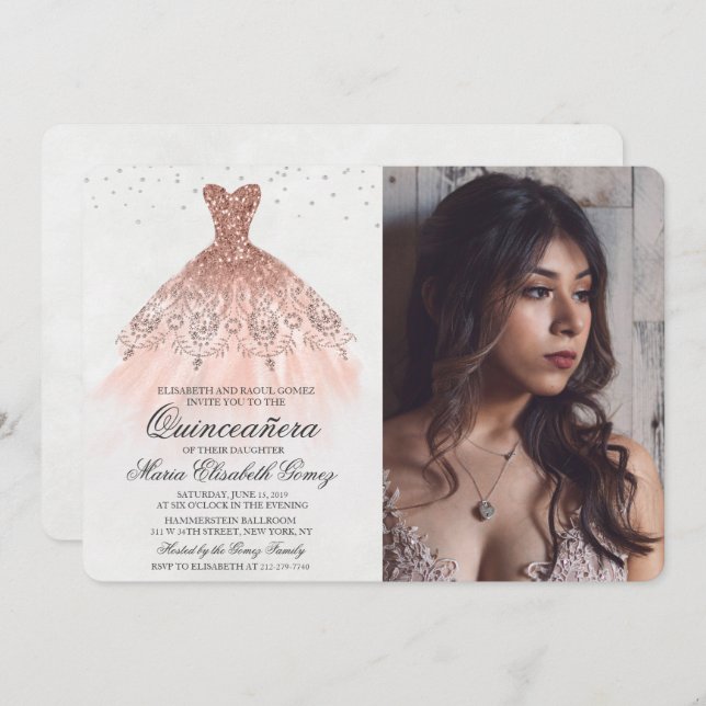 Quinceanera Glitter Dress Diamond Photo Invitation (Front/Back)