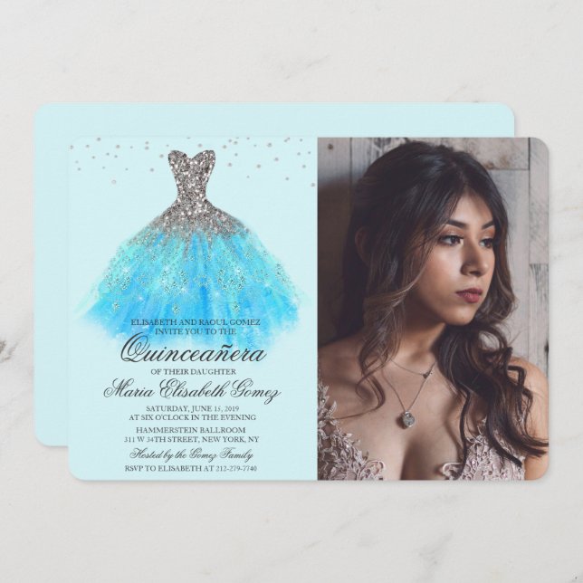 Quinceanera Glitter Dress Diamond Photo Invitation (Front/Back)