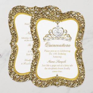 Quinceanera Glitter Gold White Pearl Tiara Invite