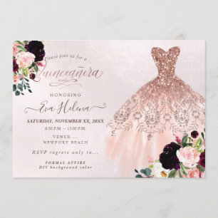 Quinceañera , Glitters Gown, Burgundy Blush Invitation