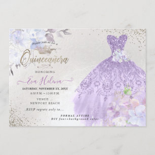 Quinceañera Glitters Gown Dusty Purple Lilac Invitation