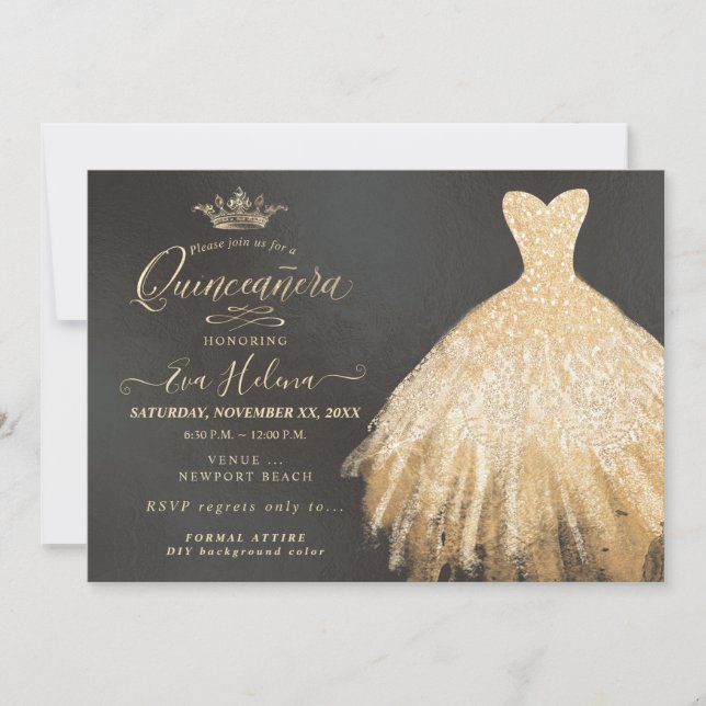 Quinceañera , Glitters Gown, Faux Gold Invitation (Front)