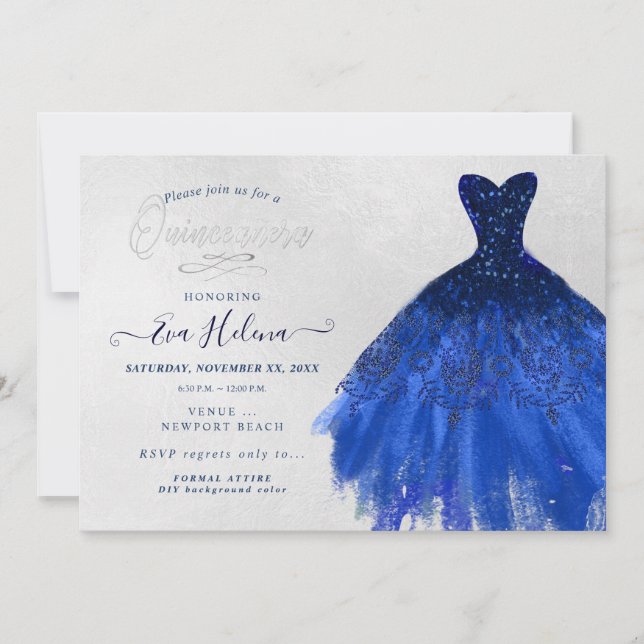 Quinceañera , Glitters Gown,  Navy Blue Invitation (Front)