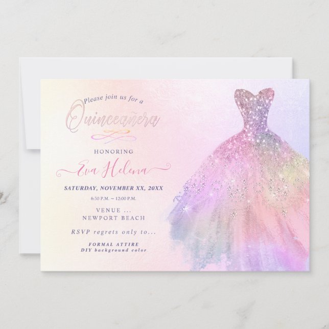 Quinceañera , Glitters Gown, Pastel Cotton Candy Invitation (Front)