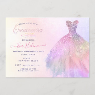 Quinceañera , Glitters Gown, Pastel Cotton Candy Invitation
