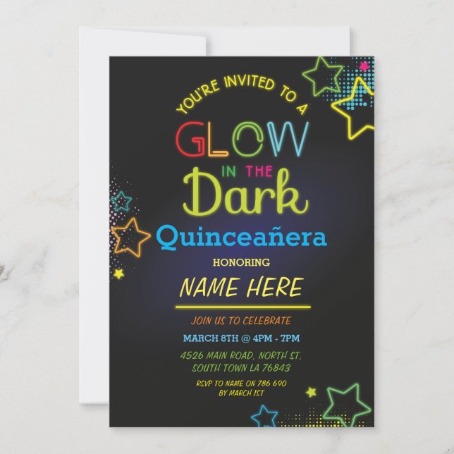 Quinceanera Glow In The Dark Birthday Neon Party Invitation (Front)