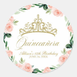 Quinceanera God Tiara Blush Pink Floral Classic Round Sticker