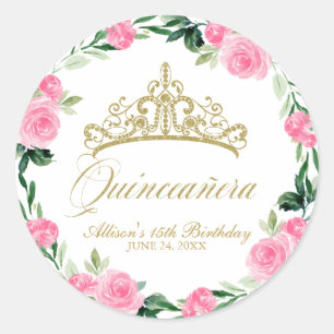 Quinceanera God Tiara Hot Pink Floral Classic Round Sticker