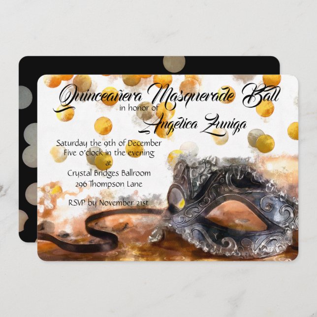 Quinceañera Gold and Black Confetti Masquerade Invitation (Front/Back)