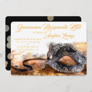 Quinceañera Gold and Black Masquerade Watercolor Invitation