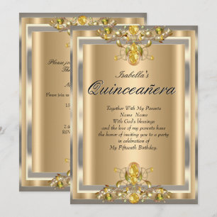 Quinceanera Gold Beige Yellow Gems 15 Birthday Invitation