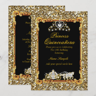 Quinceanera Gold Black Horse Carriage Fairytale Invitation