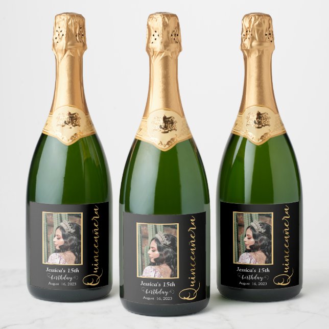 Quinceanera Gold Black Photo Sparkling Wine Label (Bottles)
