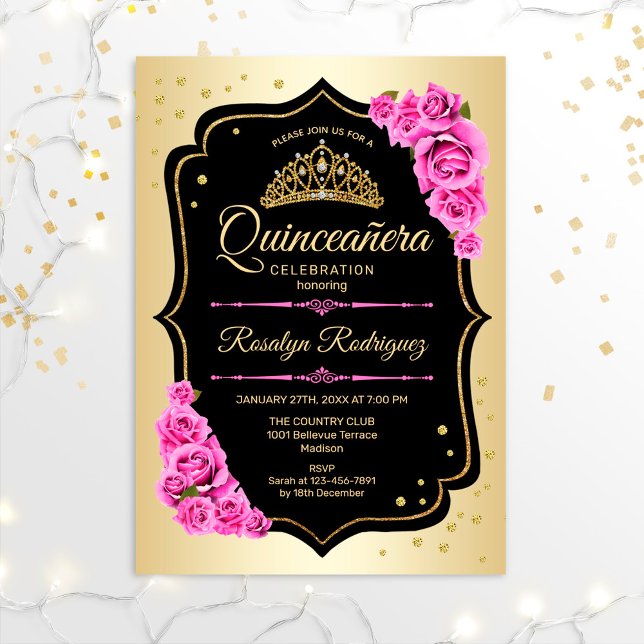 Quinceanera - Gold Black Pink Invitation (Creator Uploaded)