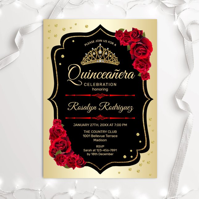 Quinceanera - Gold Black Red Invitation (Creator Uploaded)