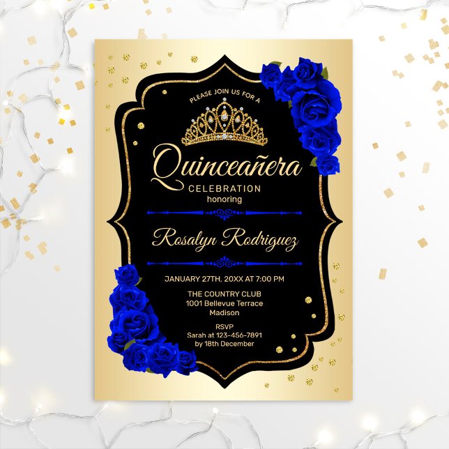 Quinceanera - Gold Black Royal Blue Invitation (Creator Uploaded)
