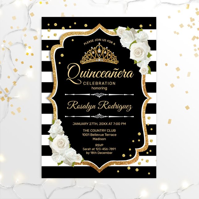 Quinceanera - Gold Black White Invitation (Creator Uploaded)