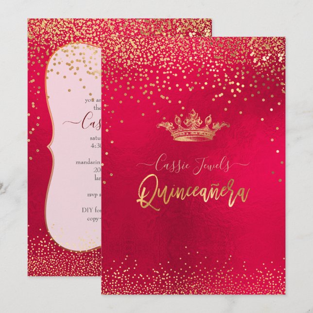 Quinceanera Gold Confetti+Princess Crown Invitation (Front/Back)