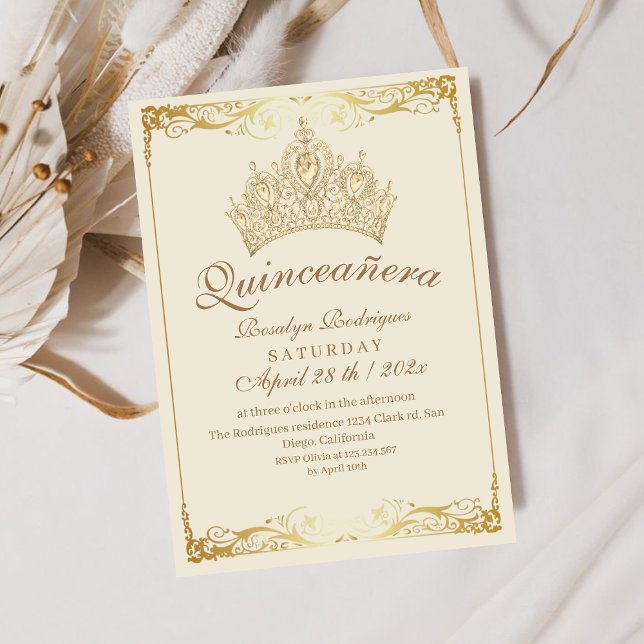  Quinceañera Gold Crown Beige Invitation (Creator Uploaded)
