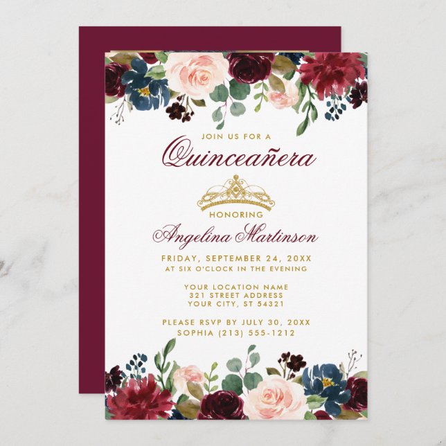 Quinceanera Gold Crown Burgundy Blue Floral Photo Invitation (Front/Back)