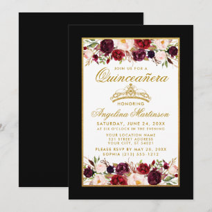 Quinceanera Gold Crown Burgundy Floral Black Invitation