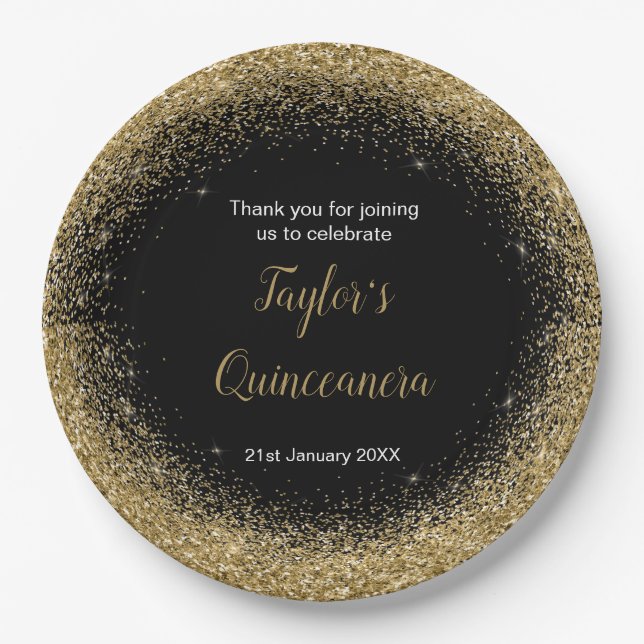 Quinceanera Gold Dress Faux Glitter Paper Plate (Front)