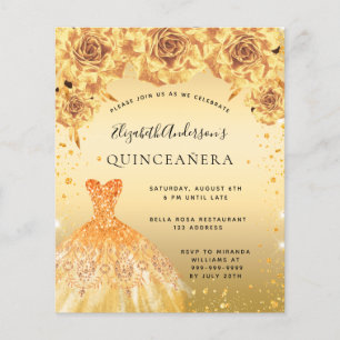 Quinceanera gold dress floral budget invitation flyer