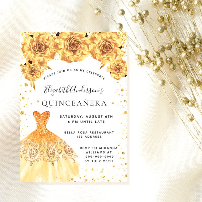 Quinceanera gold dress floral glamourous invitation (Creator Uploaded)