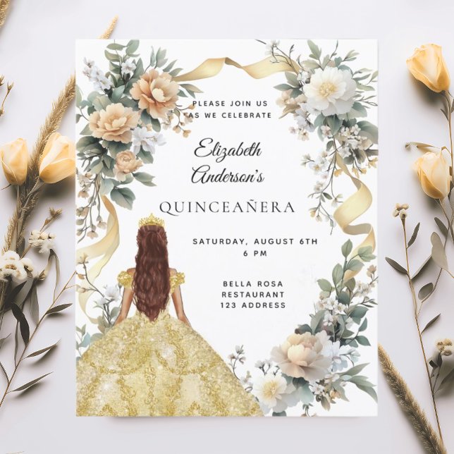 Quinceanera gold dress florals greenery invitation (Creator Uploaded)