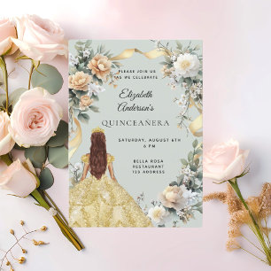 Quinceanera gold dress florals sage green invitation