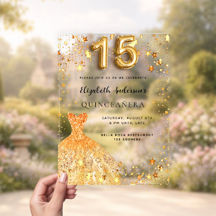 Quinceanera gold dress stars clear acrylic invitations