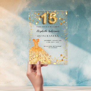 Quinceanera gold dress stars clear acrylic invitations