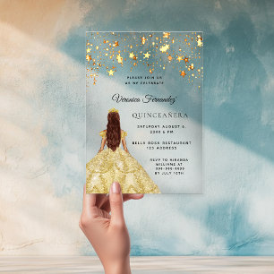 Quinceanera gold dress stars clear acrylic invitations