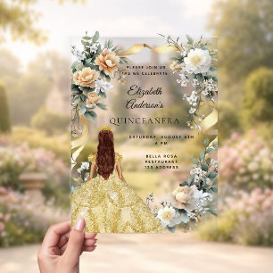 Quinceanera gold dress yellow florals clear acrylic invitations