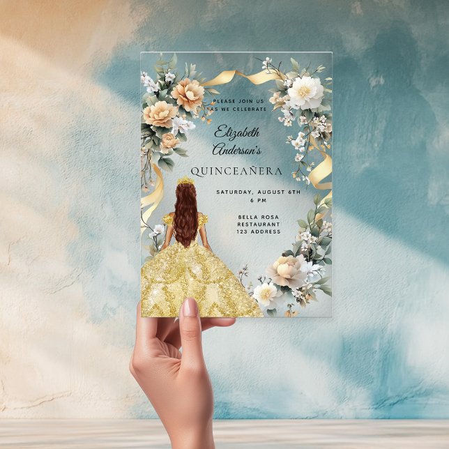 Quinceanera gold dress yellow florals clear acrylic invitations (Creator Uploaded)