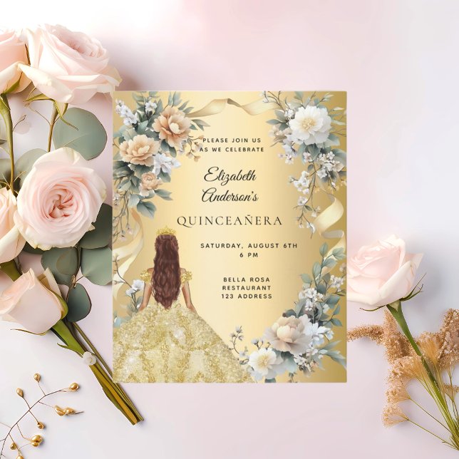Quinceanera gold dress yellow florals invitation (Creator Uploaded)
