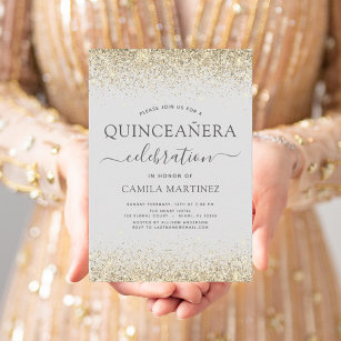 Quinceanera Gold Elegant Modern Glitter Sparkle Invitation
