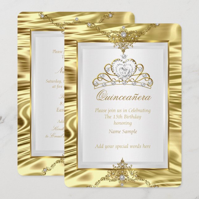 Quinceanera Gold Faux Foil White Pearl Tiara Invitation (Front/Back)