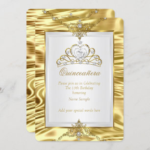Quinceanera Gold Faux Foil White Pearl Tiara Invitation
